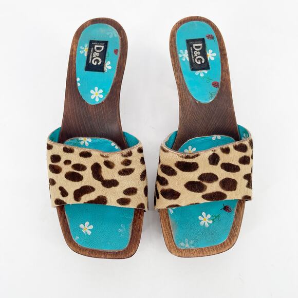 Dolce & Gabbana Vintage Leopard Calf Hair Wooden Mule Clog Sandals size 7 - Picture 5 of 11